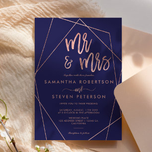 Rose gold navy terrarium all in one wedding invitation
