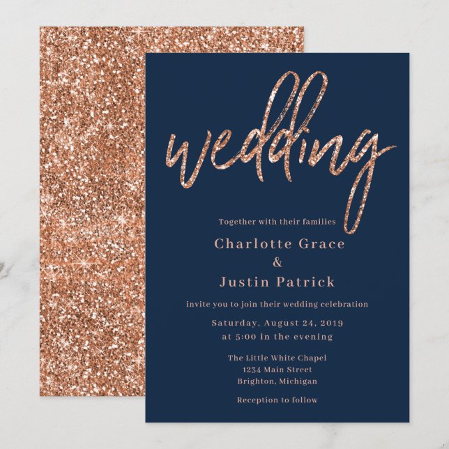 Rose Gold & Navy Wedding Invitations Template (Front/Back)