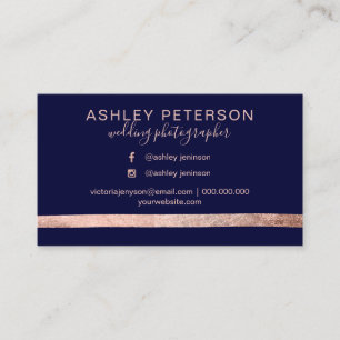 Rose gold navy wedding photographer typography business card