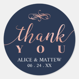 Rose Gold & Navy Wedding Thank you, Favour Classic Round Sticker