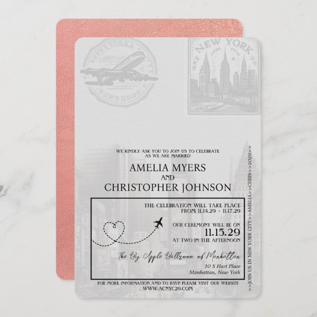 Rose Gold New York City Passport Wedding Invitation (Front/Back)