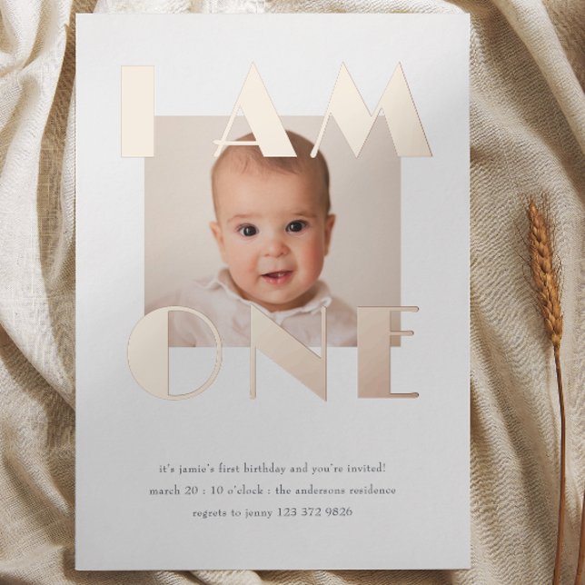 Rose Gold ONE First Birthday Photo (Rose Gold ONE First Birthday Photo Foil Invitation)