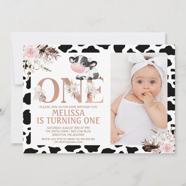 Rose Gold One Photo Floral Cow 1st Birthday Invitation (Front)