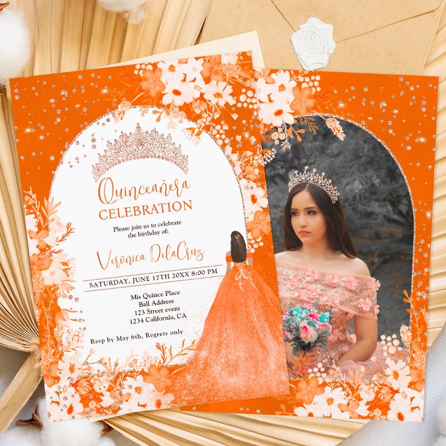 Rose gold orange floral tiara princess Quinceanera Invitation (Creator Uploaded)
