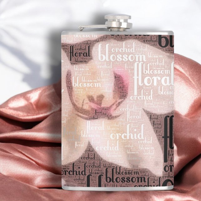 Rose Gold Orchid Floral Blossom Collage Hip Flask (8 oz flask front word cloud orchid design)