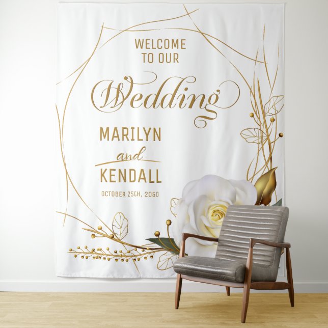 Rose Gold Organic Floral Wedding Backdrop Tapestry (In Situ)
