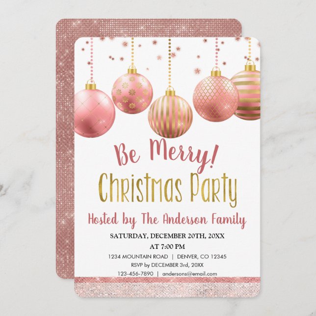 Rose Gold Ornament Christmas Holiday Dinner Party Invitation (Front/Back)