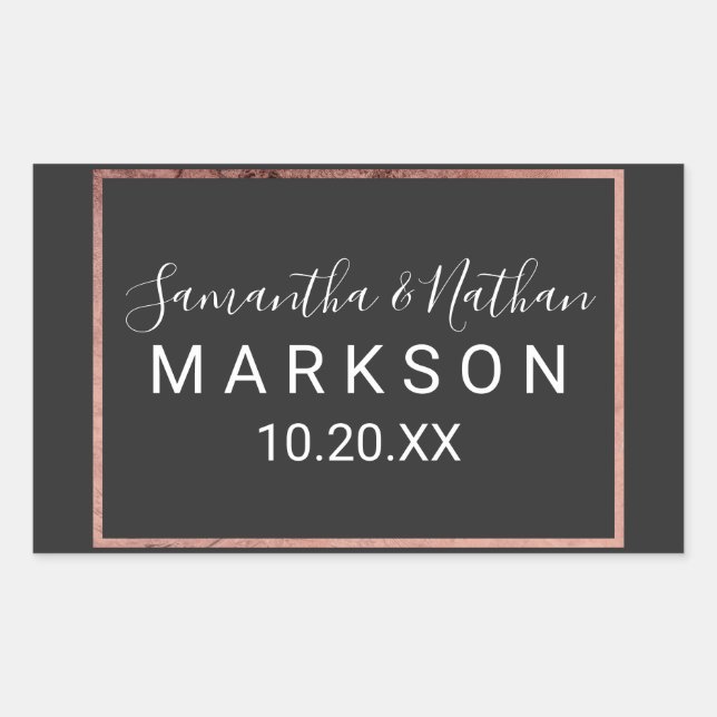 Rose Gold Outline Border Simple Black Wedding Rectangular Sticker (Front)