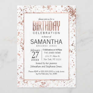 Rose Gold Paint Splatters Birthday Party Invites