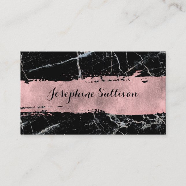 rose gold paint stroke on black and white marble business card (Front)