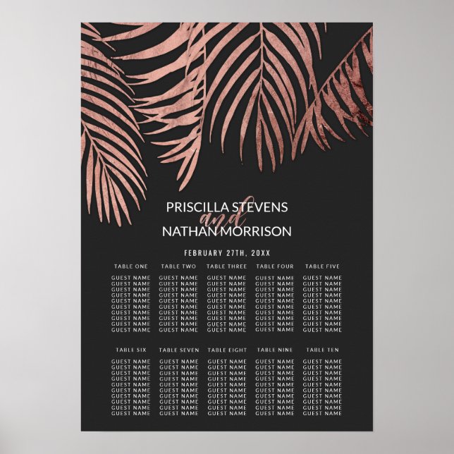 Rose Gold Palm Tree Fronds Black Seating Chart (Front)