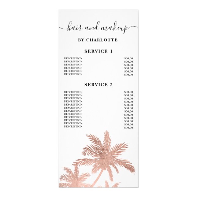 Rose gold palm tree hair makeup price rack card (Front)