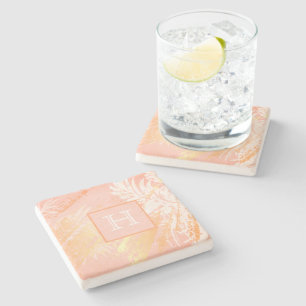 Rose gold palm tree leaves monogram stone coaster