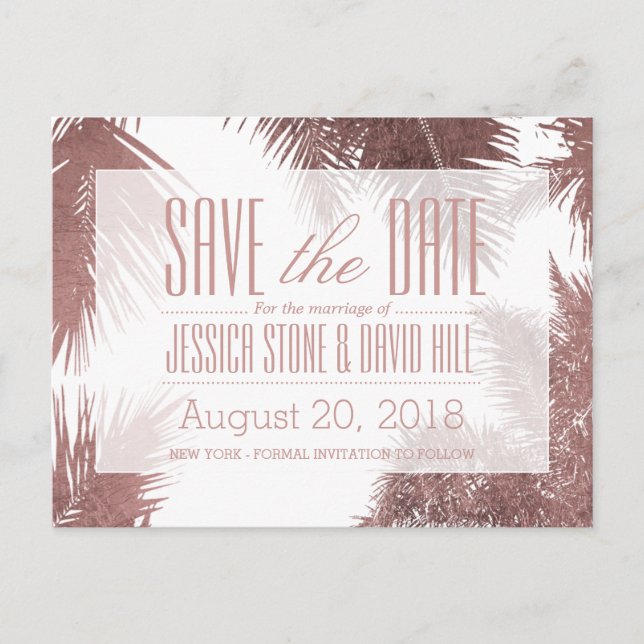 Rose Gold Palm Tree Tropical Wedding Save the Date Announcement Postcard (Front)