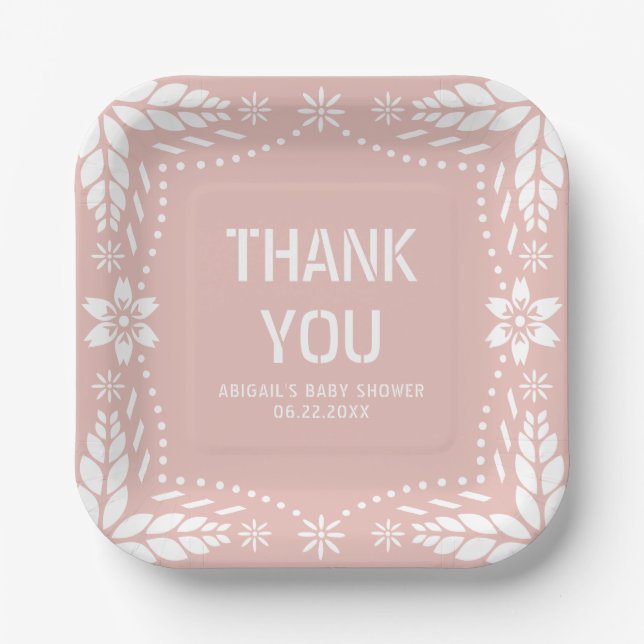 Rose gold papel picado Thank You Baby Girl Shower Paper Plate (Front)