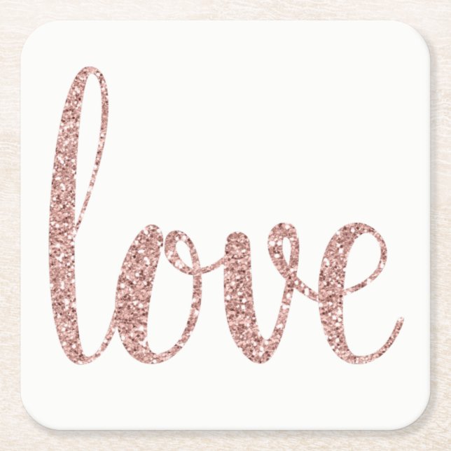 Rose gold paper coasters, love, glitter font square paper coaster (Front)