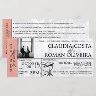 Rose Gold Paris Wedding Boarding Pass Invitation