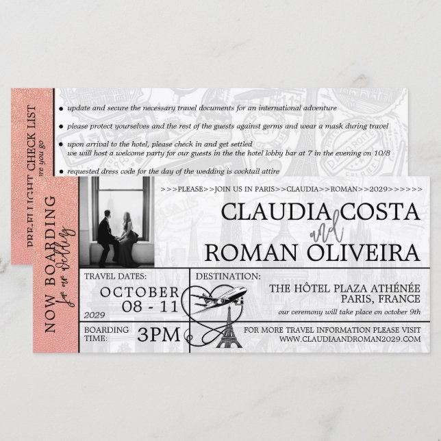 Rose Gold Paris Wedding Boarding Pass Invitation (Front/Back)