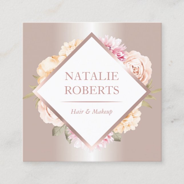 Rose Gold Pastel Floral Makeup Artist Hair Salon Square Business Card (Front)
