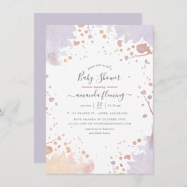 Rose Gold & Pastel Purple Paint Splash Baby Shower Invitation (Front/Back)