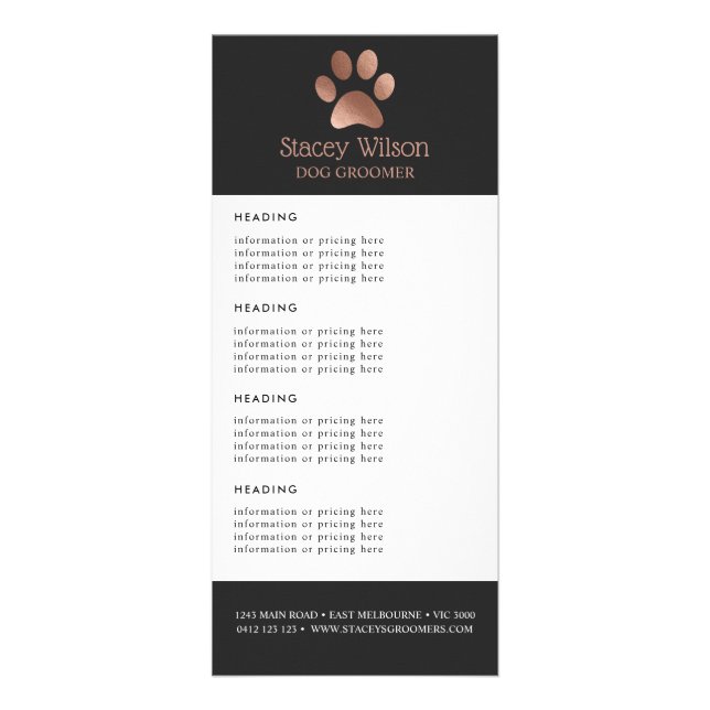 Rose Gold Paw Print Logo Price / Services List Rack Card (Front)