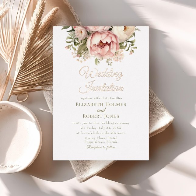 Rose Gold Peach and Blush Floral Wedding (Rose Gold Peach and Blush Floral Wedding Foil Invitation on a neutral boho wedding table.)
