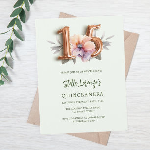 Rose gold peach floral green Quinceanera Invitation Postcard