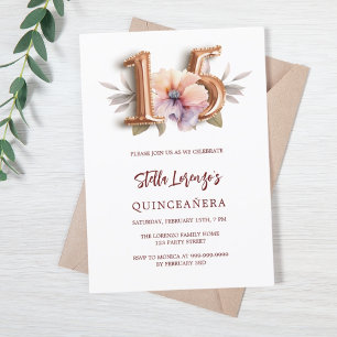 Rose gold peach floral luxury Quinceanera Invitation