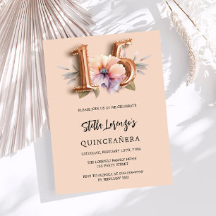 Rose gold peach floral luxury Quinceanera Invitation