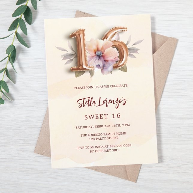 Rose gold peach floral Sweet 16 luxury Invitation (Creator Uploaded)