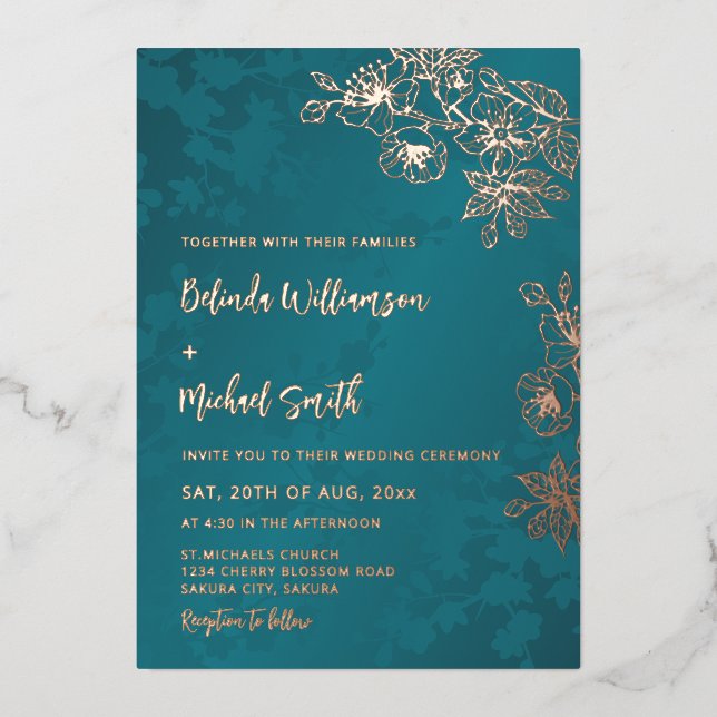 Rose Gold Peacock Green Floral Wedding (Front)