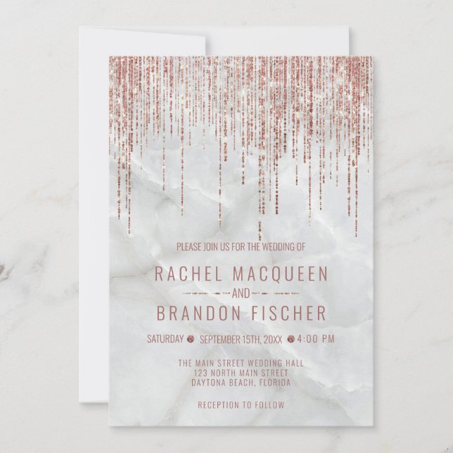 Rose Gold Pearl Marble Glitter Fringe Wedding Invi Invitation (Front)