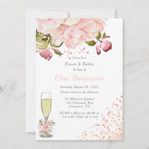Rose Gold Peony Flowers Glitter Brunch & Bubbly Invitation