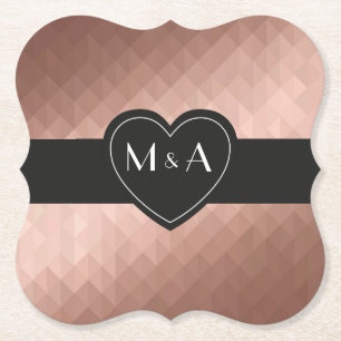 Rose gold personalised couple's monograms in heart paper coaster