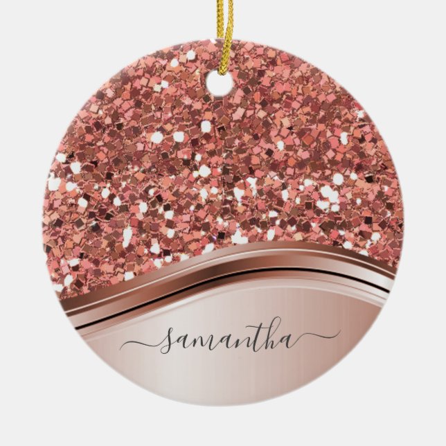 Rose Gold Personalised Handwritten Glitter Ceramic Tree Decoration (Front)