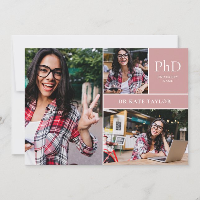 Rose Gold PhD Degree 3 Photo Graduation Party Invitation (Front)