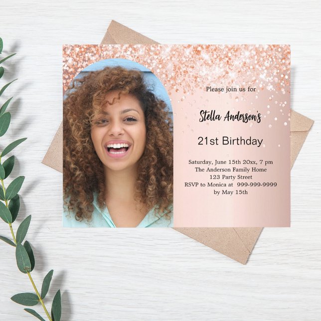 Rose gold photo arch confetti birthday invitation (Creator Uploaded)