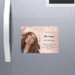 Rose gold photo arch confetti birthday magnetic invitation<br><div class="desc">Add your own vertical size photo. An arch shaped photo frame. A rose gold gradient background colour. Decorated with confetti. Personalise and add a name and party details.</div>