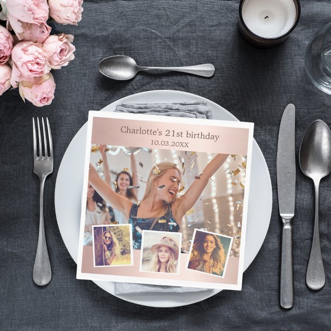 Rose gold photo collage birthday party napkin (Creator Uploaded)