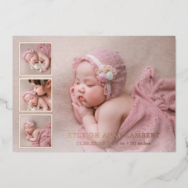Rose Gold Photo Collage Girl Birth Announcement (Front)