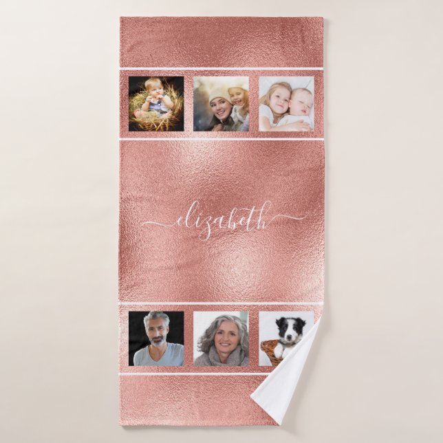 Rose gold photo collage monogram script bath towel (Bath Towel)