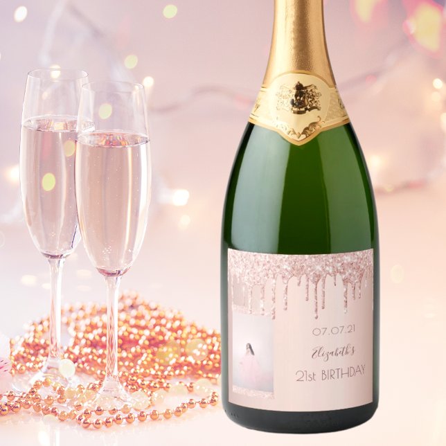 Rose gold photo drips birthday sparkling wine label (Creator Uploaded)