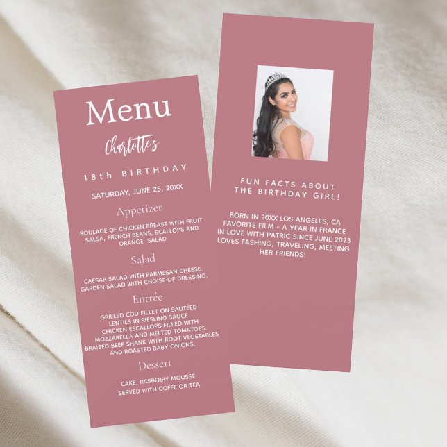 Rose gold photo fun facts birthday menu card (Creator Uploaded)