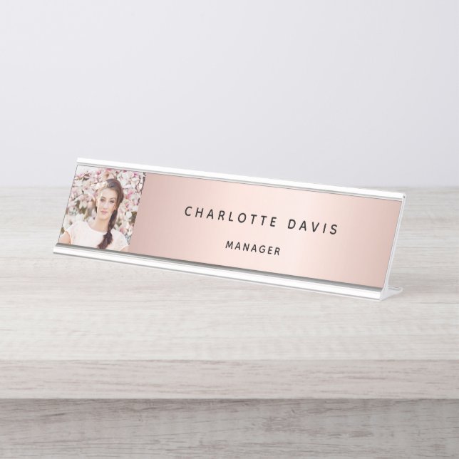 Rose gold photo monogram modern elegant desk name plate (Front)