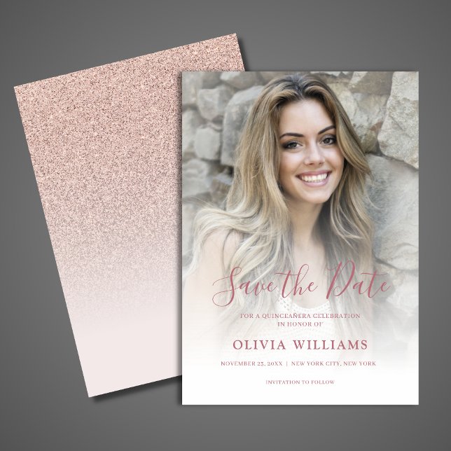 Rose Gold Photo Overlay Quinceañera Save the Date (Rose Gold Save the Date Card)