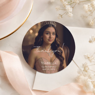 Rose Gold Photo Quinceañera Thank You Sticker