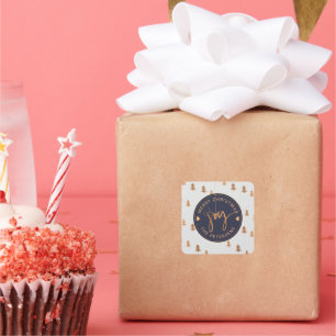 Rose Gold Pine Trees Navy Grey Merry Christmas Joy Square Sticker