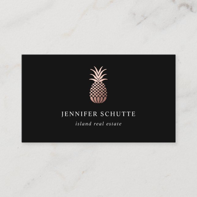 Rose Gold Pineapple Chic Black Island Realty Group Business Card (Front)