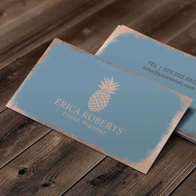 Rose Gold Pineapple Dusty Blue Event Planning Business Card (Creator Uploaded)