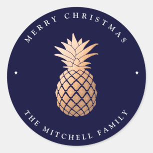 Rose Gold Pineapple on Navy Blue   Christmas Classic Round Sticker
